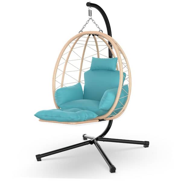 SEEUTEK Patio Hanging Basket Egg Chair Rattan Wicker Outdoor Lounge Swing Chair with UV Resistant Cyan Cushion and Pillow
