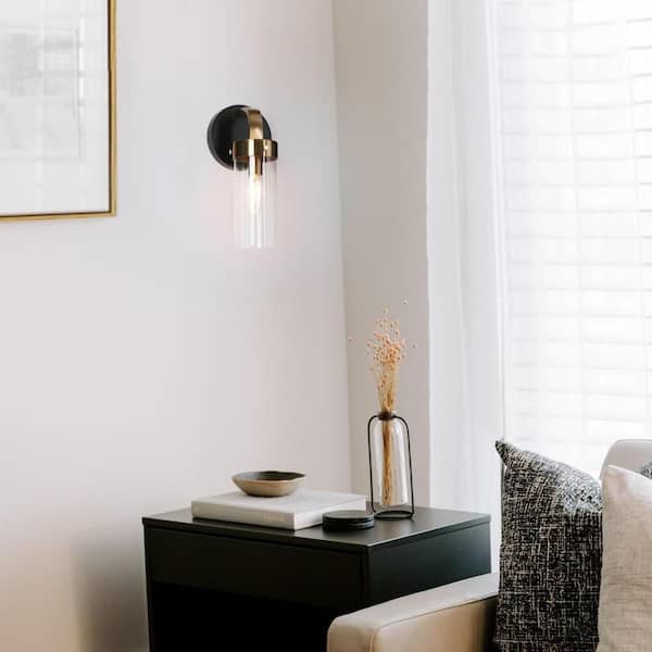 4.7 in. Modern 1-Light Brass Gold Wall Sconce, Black Vanity Light with Cylinder Clear Glass Shade, Classic Wall Light