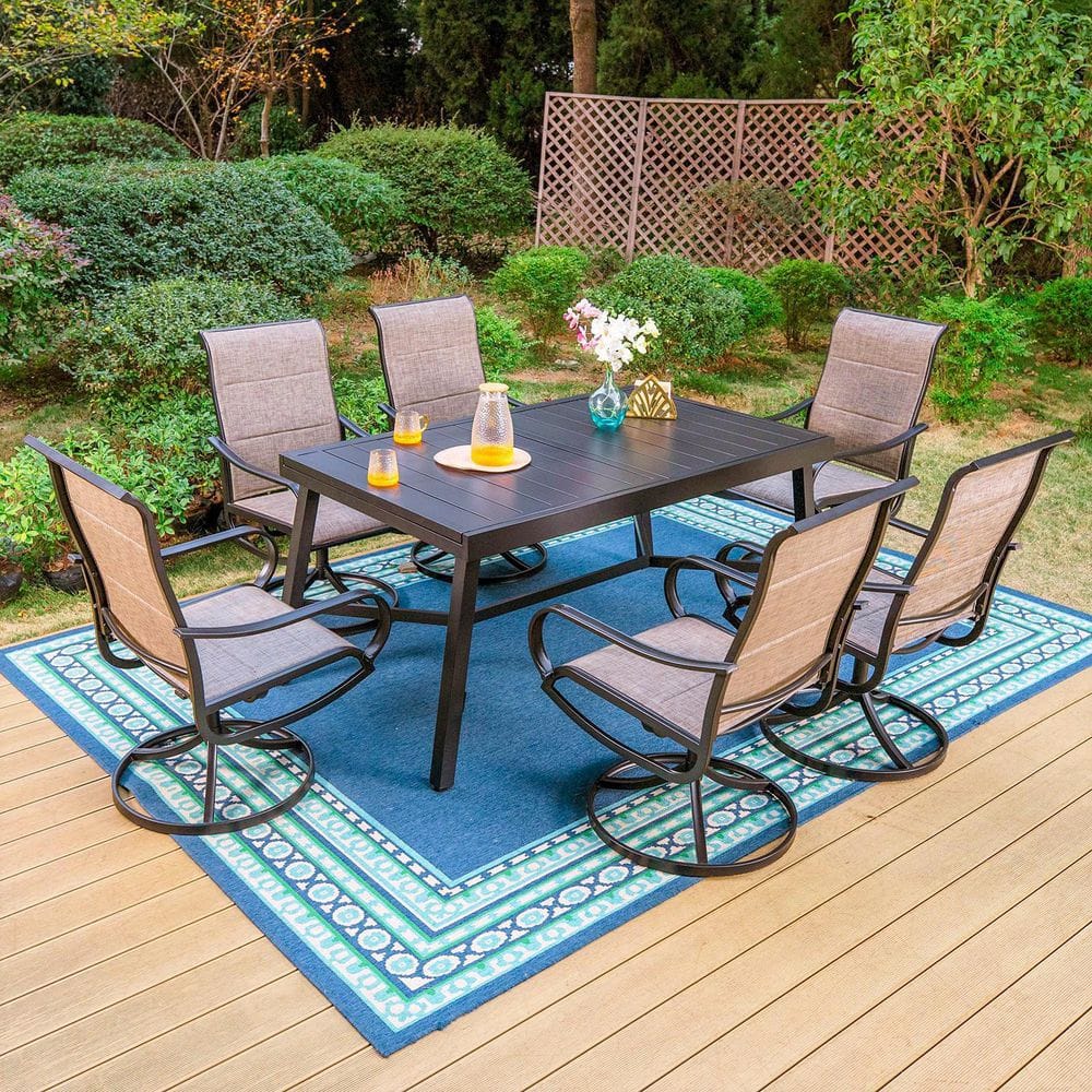 PHI VILLA Black 7-Piece Metal Outdoor Patio Dining Set with Slat ...