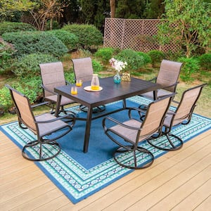 Black 7-Piece Metal Outdoor Patio Dining Set with Slat Extendable Table and High Back Padded Textilene Swivel Chairs