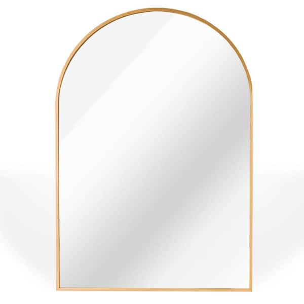 Miscool Thi 24 in. W x 36 in. H Modern Arched Aluminum Framed Living Room Wall Mirror Bathroom Vanity Hanging Mirror in Gold