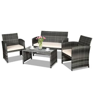 4-Piece Wicker Outdoor Conversation Furniture Set with White Cushions and Tempered Glass Table
