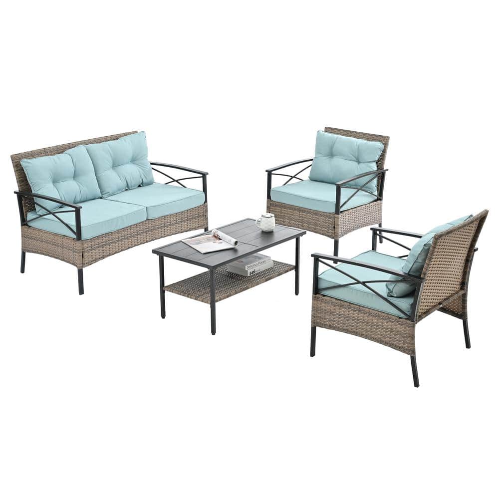 4-Pieces PE Wicker Patio Conversation Set, Outdoor Furniture Sofa, With Met