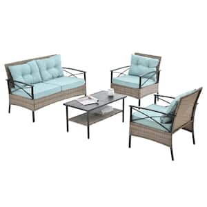 4-Pieces PE Wicker Patio Conversation Set, Outdoor Furniture Sofa, With Metal Table and Light Cyan Cushions