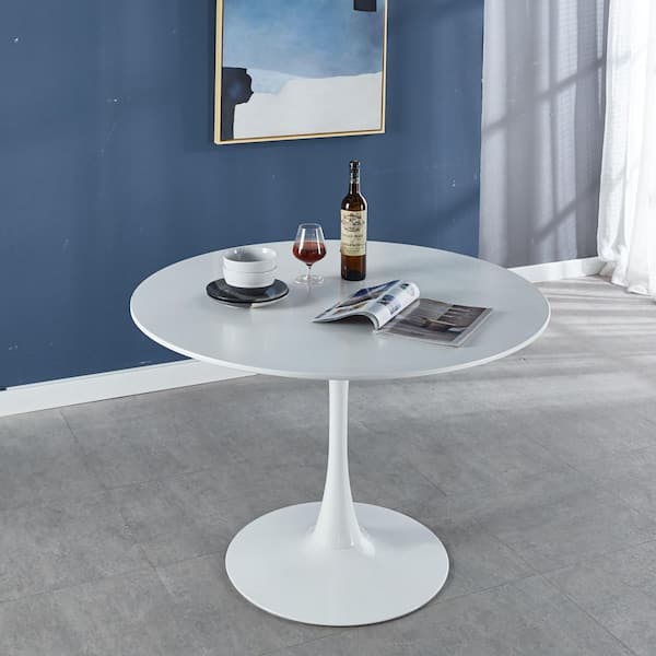 42.1 in. White Round Wood Coffee Table Dining Table with Round MDF Table Top, Pedestal