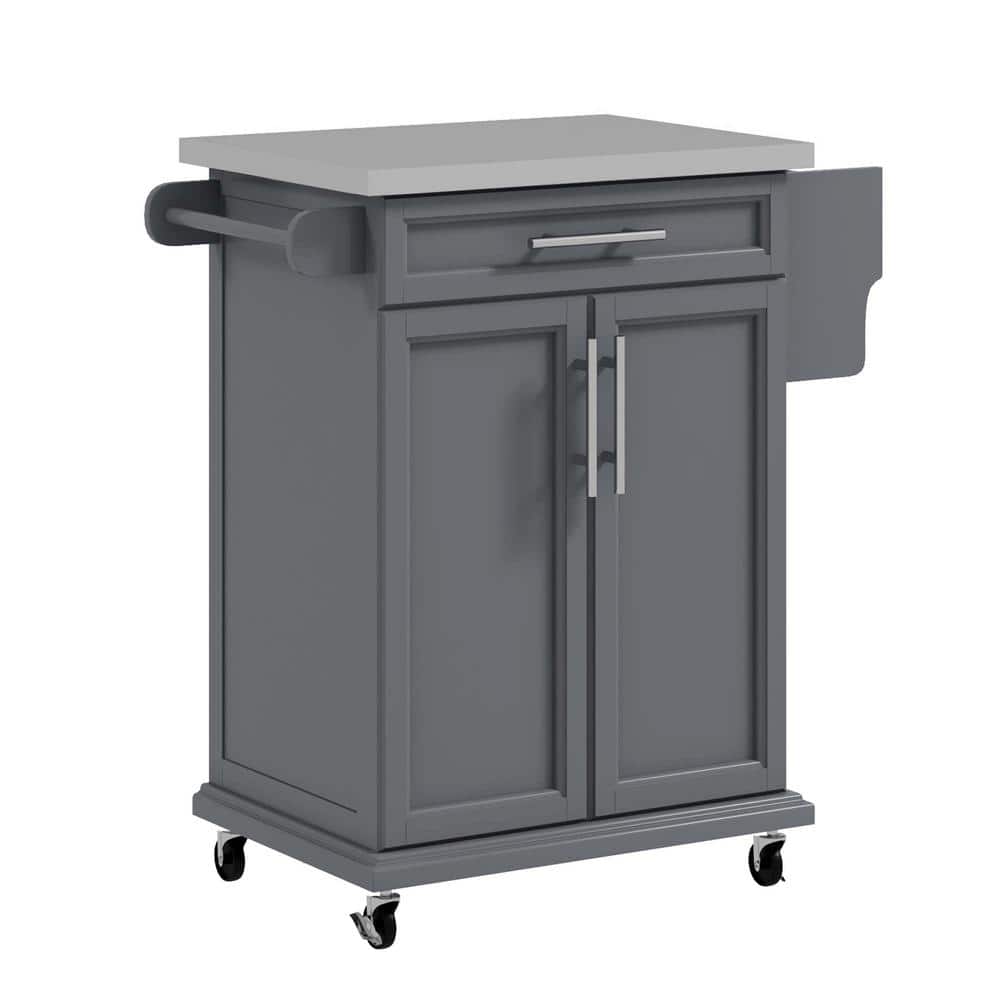 Gray Wood 33 in. Kitchen Island with Stainless Steel Countertop, Drawer, To