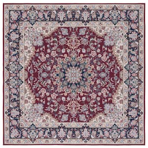 Tuscon Red/Navy 6 ft. x 6 ft. Machine Washable Floral Border Square Area Rug