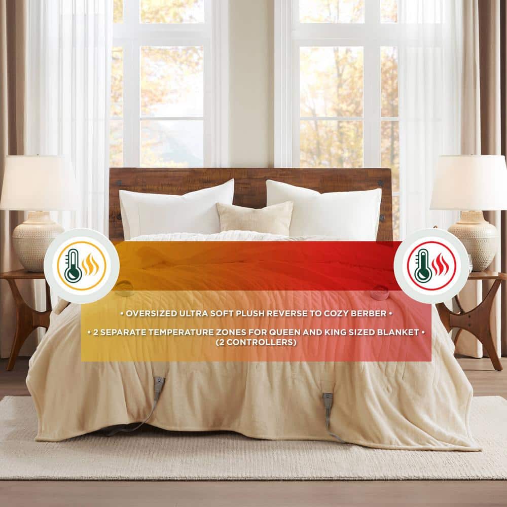 Queen Tan Sherpa Knitted Reversible Heated Blanket