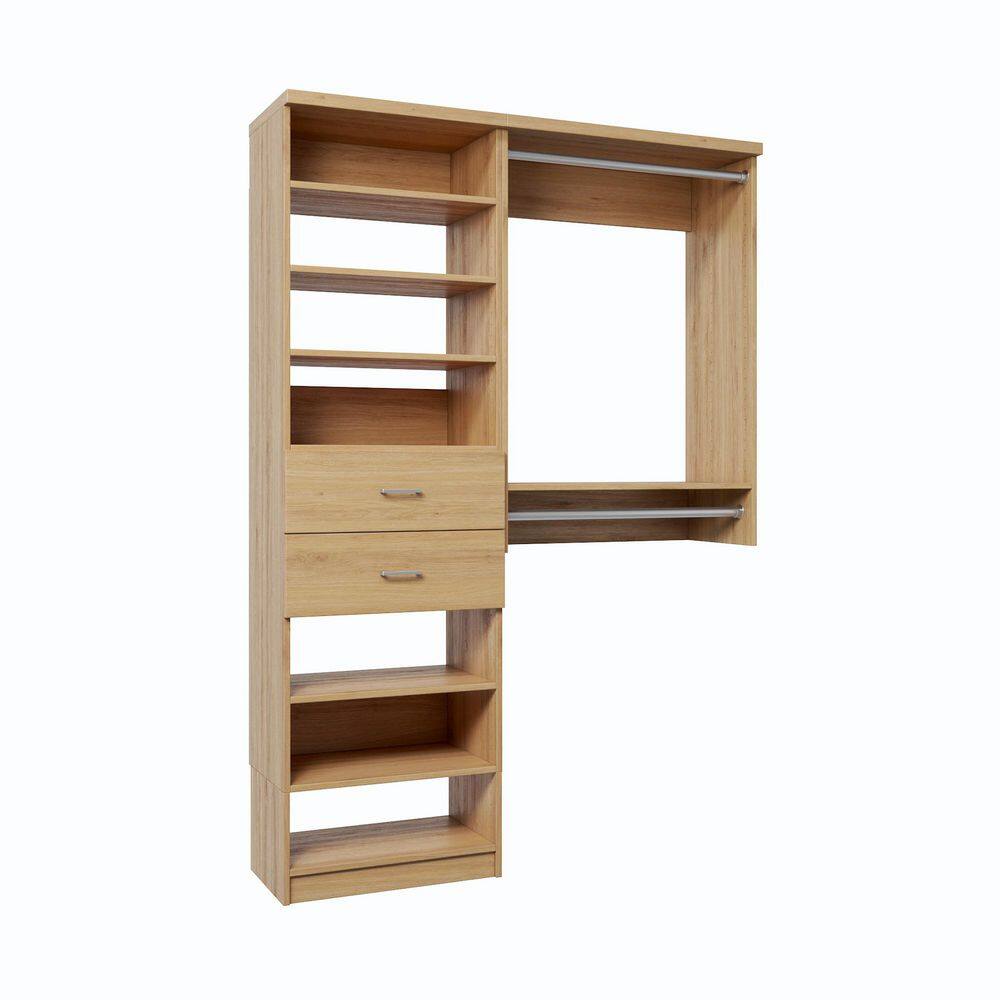 57 in. W Natural Oak Reach-in Floor-Mount 2-Rod 2-Slab-Drawers 7-Shelf Wood Closet System