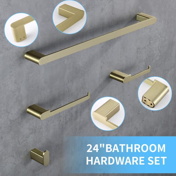 Bathroom Hardware 4-Piece Bath Hardware Set with Towel Bar, Robe Hook, Toilet Paper Holder in Gold