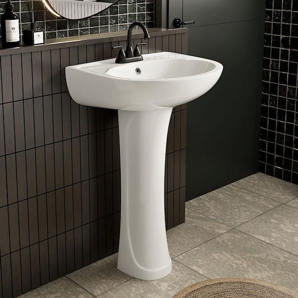 21 in. x 19 in. White Ceramic Rectangular Pedestal Bathroom Sink Combo with 3 Faucet Holes (4" Centerset) and Overflow