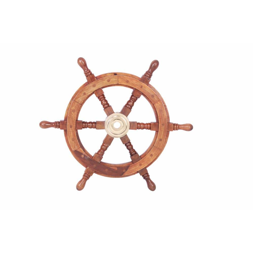 Traditional ship's 6 spoke wooden wheel with brass centre section 