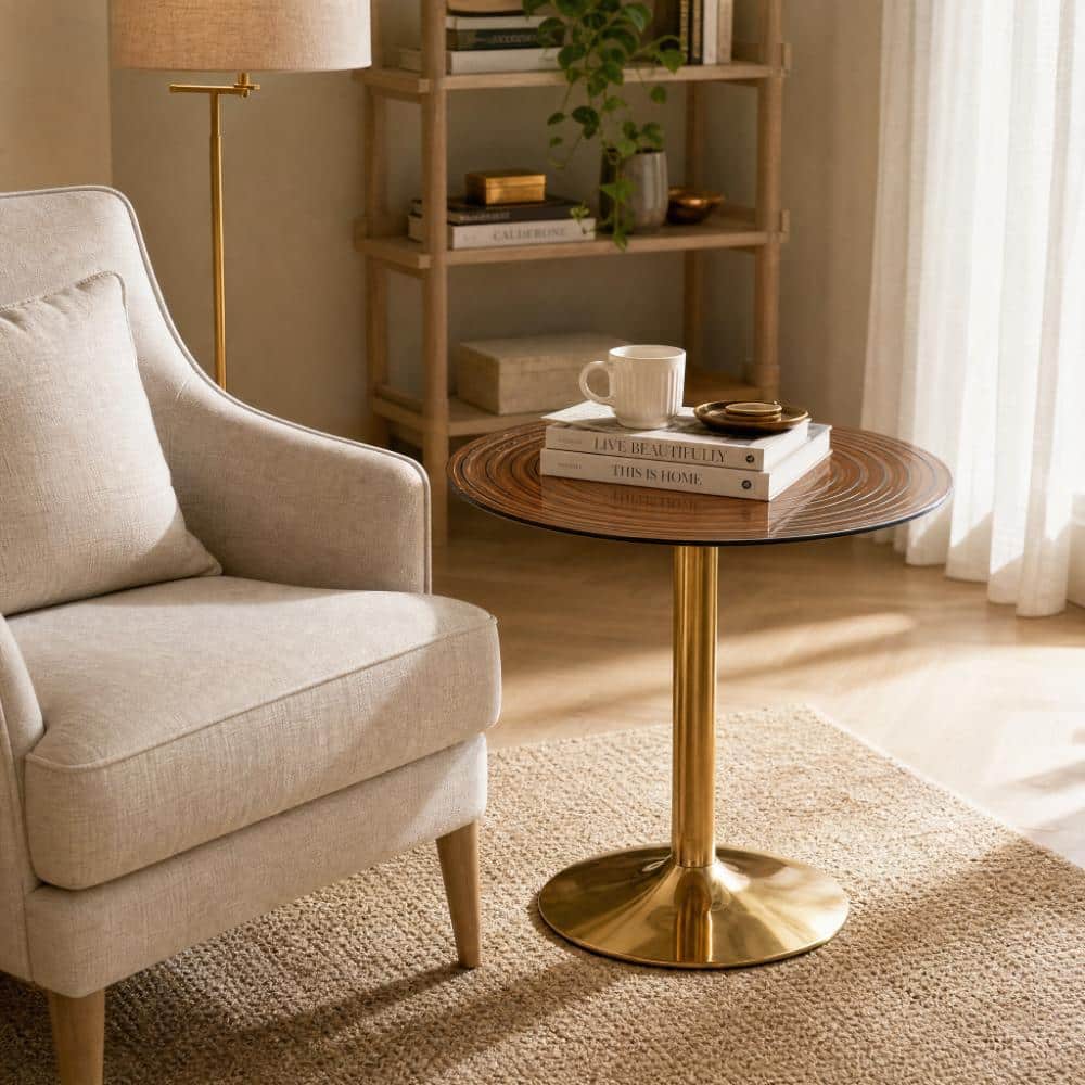 Brown and Gold Glass Top Metal Pedestal Base Dining Table Seating 2