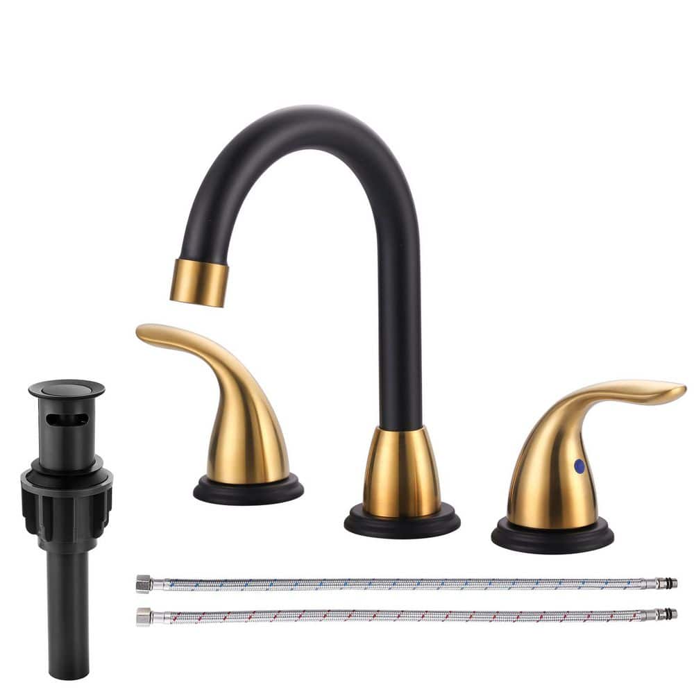 8 in. Widespread Double Handle Bathroom Faucet with Drain Kit Included in Gold and Black price history on PriceWatchPro