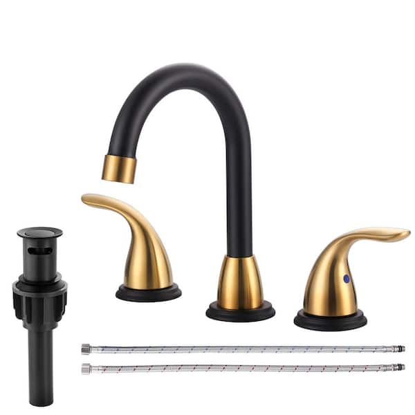 8 in. Widespread Double Handle Bathroom Faucet with Drain Kit Included in Gold and Black