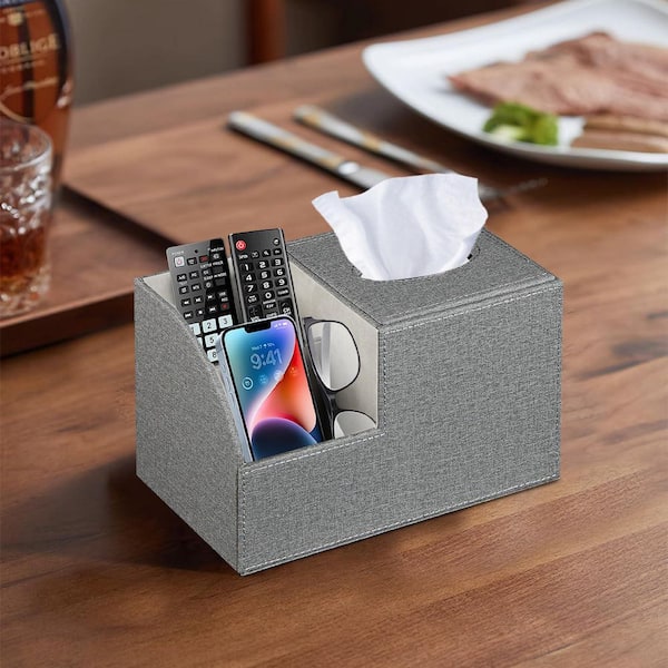 Wudkey Gray Leather Square Tissue Box Cover with Storage