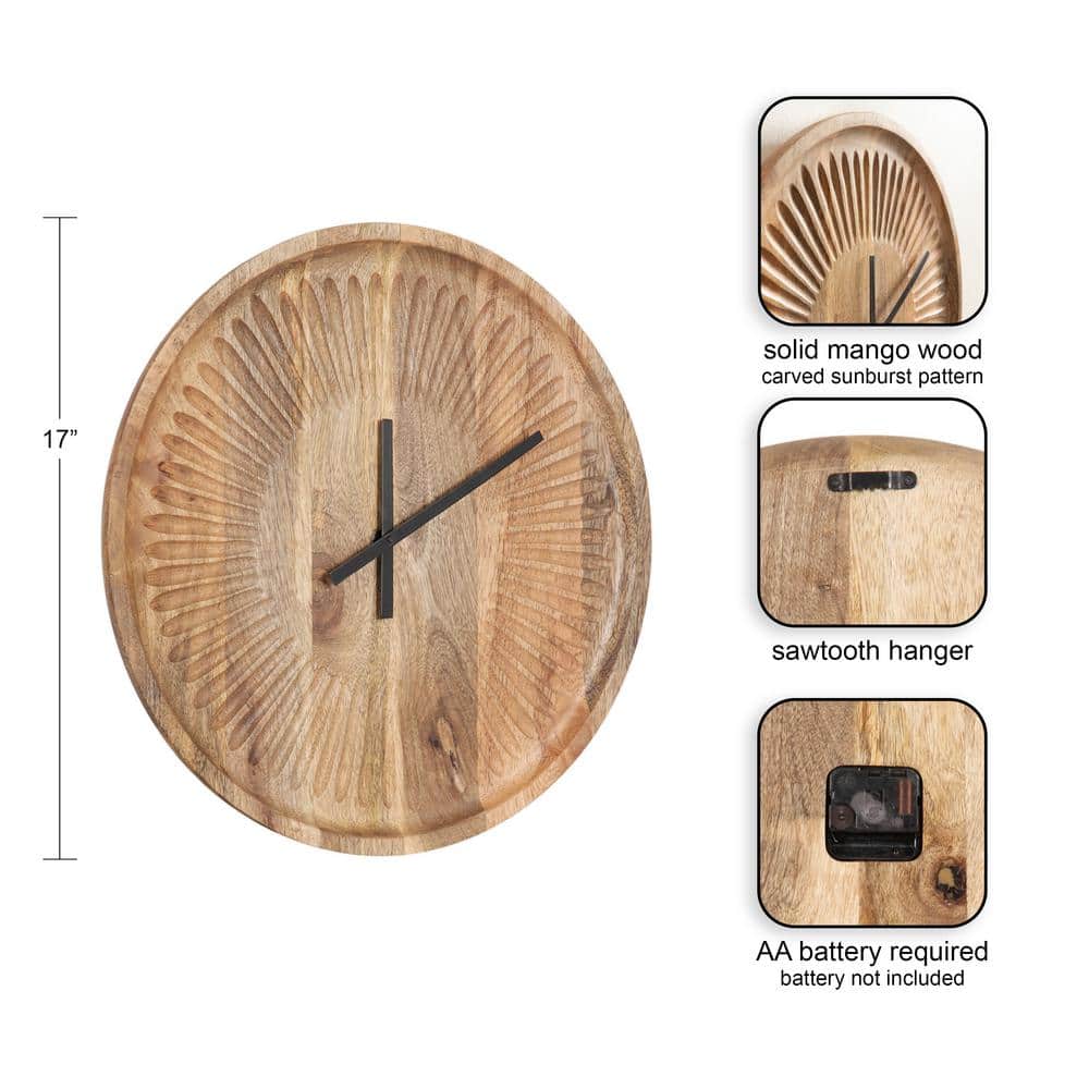 Grear Natural Wood Minimalist Round Wall Clock, 17-Inch Diameter