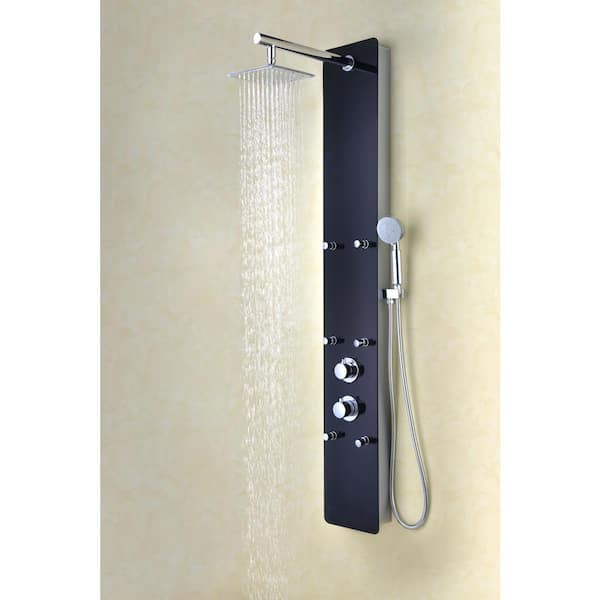 Melody 59 in. 6-Jetted Full Body Shower Panel System with Heavy Rain Shower and Spray Wand in Black Deco-Glass