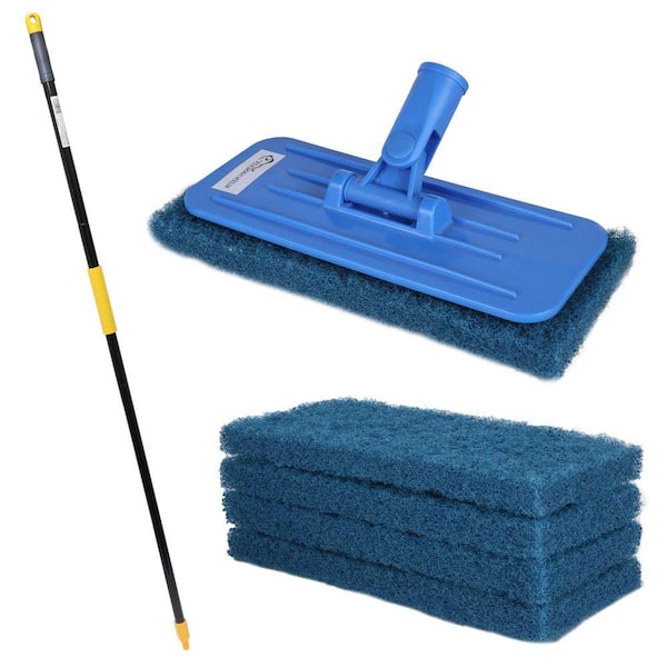 Medium Duty Cleaning Scrubbing Pads 5-Pieces Bundle w/ Threaded Swivel EZ Scrub Pad Holder and 61 in. Extendable Handle
