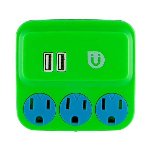 Uber 3 Grounded Outlet and 2-USB Port, 2.1 Amp Tap, Green and Blue