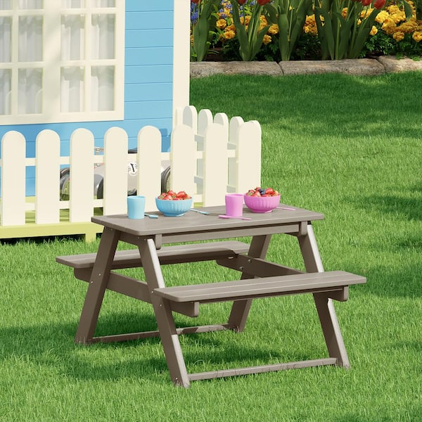 Children's Laguna Outdoor Patio All Weather Plastic 29.75 in. Rectangle Kids Picnic Play Table/Benches, Weathered Wood