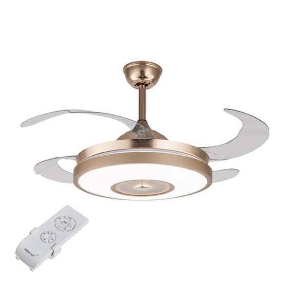 OUKANING 42 in. Modern Gold Indoor Integrated LED 4 ABS Retractable Blades Ceiling Fan with Remote Control