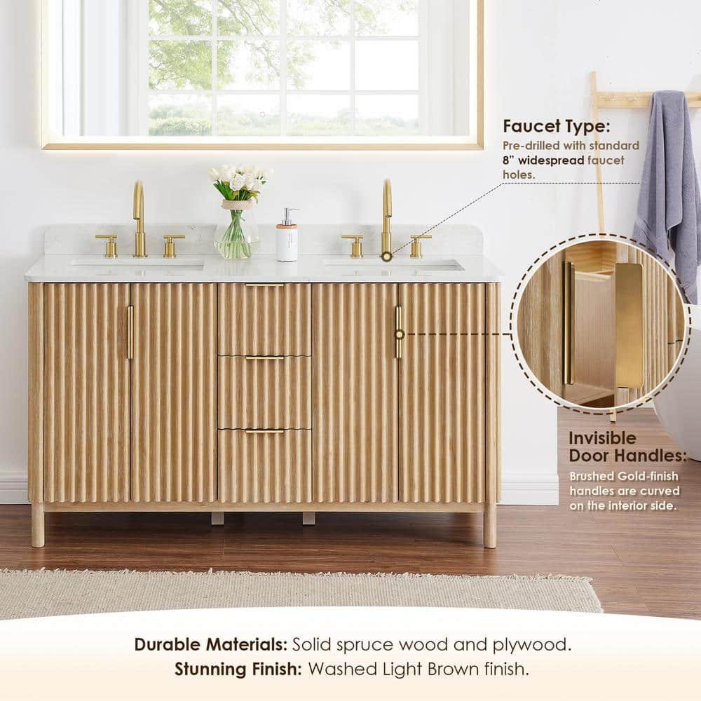 Sierra 60" Washed Light Brown Double Vanity with Engineered Stone Top
