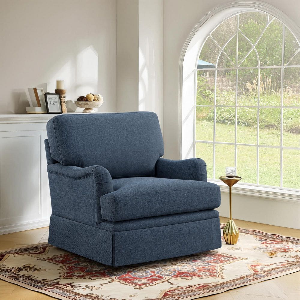 Modern Dark Blue Polyester 360° Swivel Arm Chair Metal Base Upholstered Accent Chair