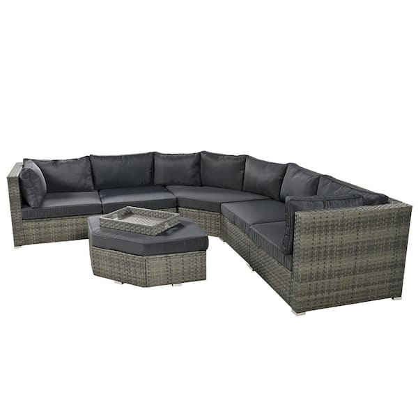 Zeus & Ruta 6-Piece Gray Wicker Patio Outdoor Sectional Sofa Set with Gray Cushions, Ottomans and Small Trays