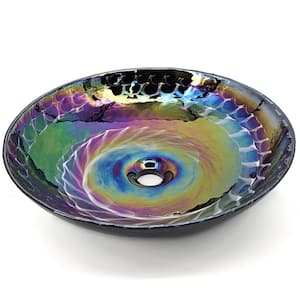 Murano 16 in. Glass Art Vessel Circle Decorative Pattern Bathroom Sink in Cosmic Black