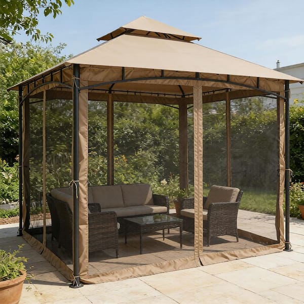 12 ft. x 12 ft. Khaki Patio Metal Gazebo with Square Double Roof Soft Top and Mosquito Netting