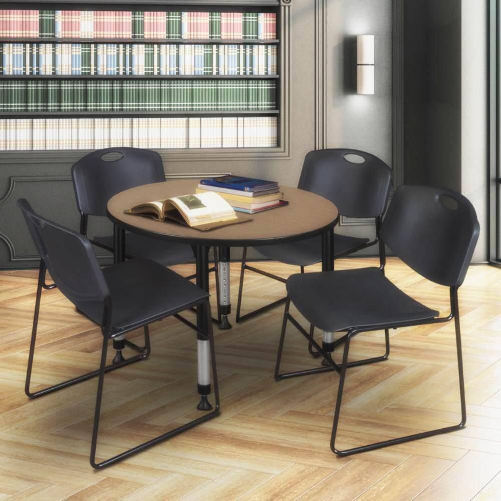 Kee 36 in. Round Noble Oak Height Adjustable Classroom Activity Table Desk with Black Base