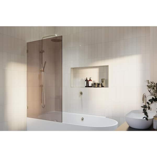 Glass Warehouse Ursa 34 in. W x 58.25 in. H Single Fixed Panel Frameless Bathtub Door in Polished Nickel with Tinted Tempered Glass