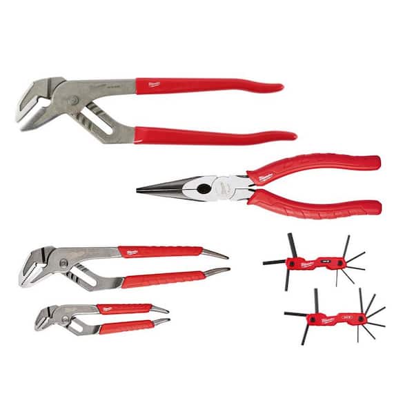 Milwaukee 12 in. Dipped Grip Smooth Jaw Pliers, Straight Jaw Pliers and Long Nose Pliers w/ SAE/Metric Folding Hex Key 6-Piece Set