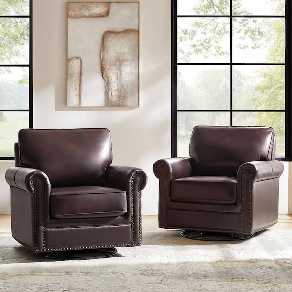 Jacindo Expresso Traditional Genuine Leather Swivel Rocking Accent Chair Set of 2 with Nailhead Trims