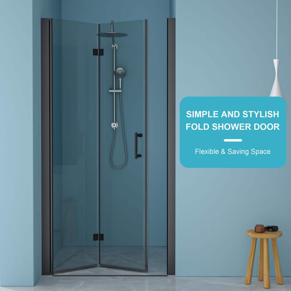 Matte Black Frameless Bi-Fold Shower Door with Clear Glass