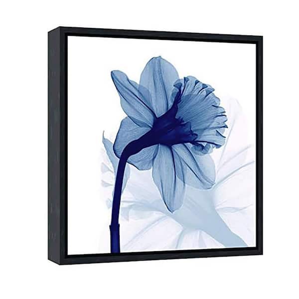 Unbranded 12 in. x 12 in. One-Panel Blue Flickering Flower Modern Canvas Wall Art in Black Frame for Home Decor