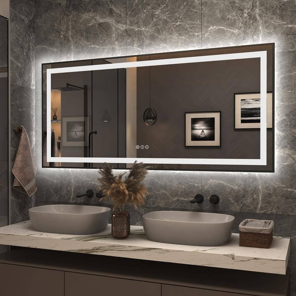 Matte Black LED Lighted Anti-Fog Tempered Glass Vanity Mirror, 60" x 28"