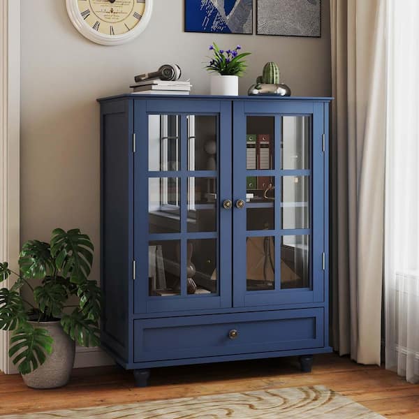 Unbranded Blue 38 in. H Glass Door Storage Cabinet Modern Sideboard Buffet Cabinet Cupboard with Adjustable Shelf and Drawer