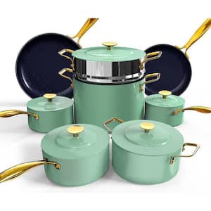 13-Piece Stainless Steel Nonstick Cookware Set in Mint Green