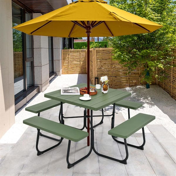 67 in. Green Square Metal Picnic Table Set 8-Person with 4 Benches and Umbrella Hole