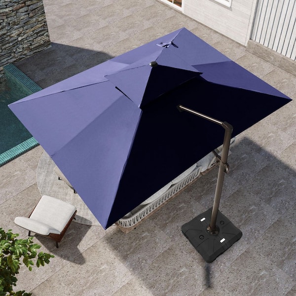 Pellebant Heavy-Duty 12.5 ft. x 10 ft. Double-Top Aluminum 360° Rotation Cantilever Patio Umbrella in Navy and Umbrella Stand