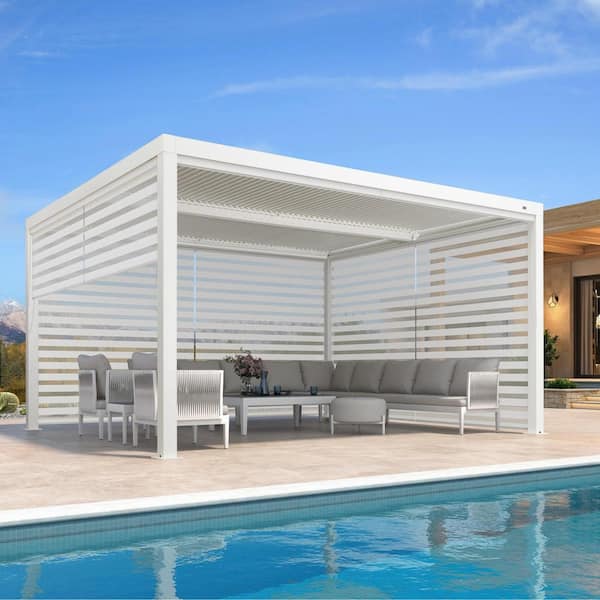 PURPLE LEAF 12 ft. x 14 ft. White Aluminum Louvered Pergola with Adjustable Sunshade Roofs and 1-Long 2-Short Side Roller Shade