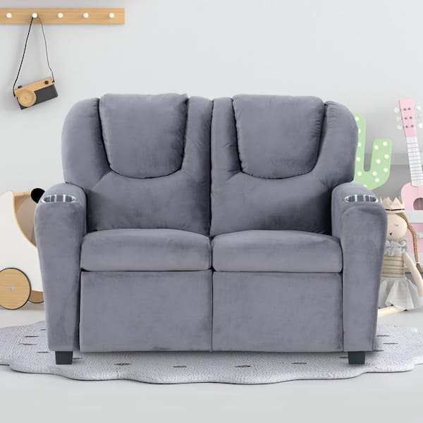 HOMESTOCK Gray Pushback Kids Loveseat with Footrest and Cupholders - Recline, Relax, and Rule in Soft Microfiber