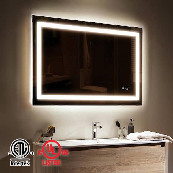 TOOLKISS 32 in. W x 24 in. H Large Rectangular Frameless Anti-Fog LED Light Dimmable Wall Bathroom Vanity Mirror in Silver
