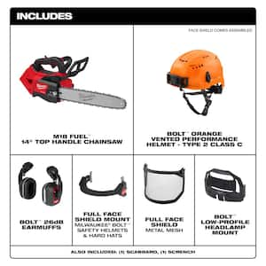 M18 FUEL 14 in. 18V Cordless Top Handle Chainsaw w/BOLT Orange Type 2 Class C Vented Helmet, Earmuffs, Mesh Face Shield