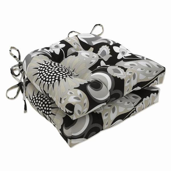 Pillow Perfect Floral 16 in. x 15.5 in. Outdoor Dining Chair Cushion in Black/White (Set of 2)