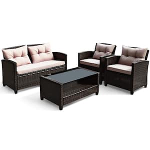4-Piece Wicker Outdoor Rattan Furniture Sectional Set Sofa w/Armrest Home with Creamy White Cushions