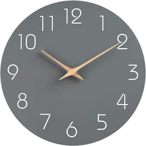 10 in. Gray Analog Silent Non Ticking Wood Wall Clock Battery Operated Decorative for Office, Kitchen and Bathroom