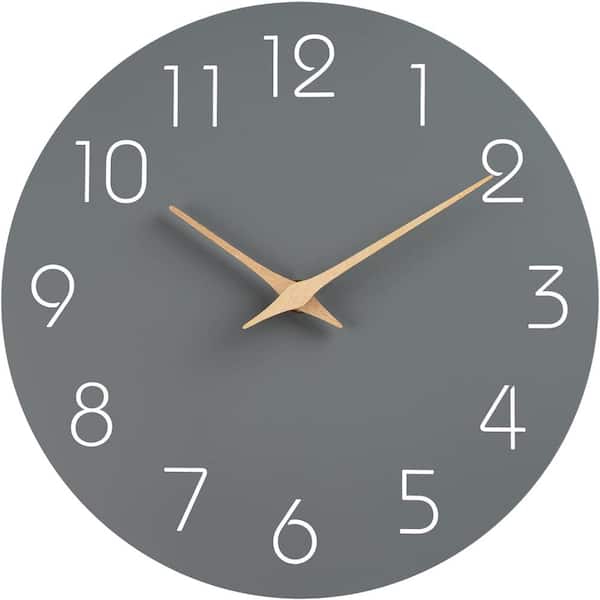 Afoxsos 10 in. Gray Analog Silent Non Ticking Wood Wall Clock Battery Operated Decorative for Office, Kitchen and Bathroom